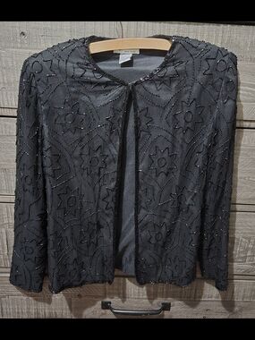 JMD New York Petite Small Black Silk Beaded Evening Jacket Formal Open Front